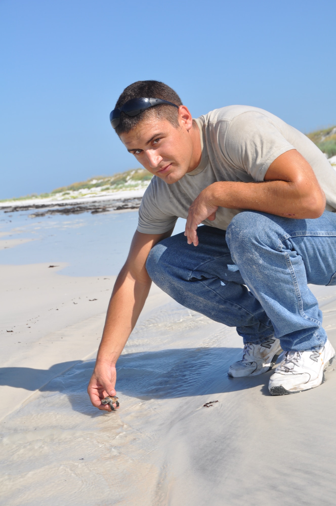 Senior Airman Jake Wagner, 325th Civil Engineer Squadron Natural Resources member, sets free a baby Loggerhead turtle July 29 on Tyndall Beach.  The Natural Resources team rides 17 miles of shoreline daily to keep eyes on roughly 40 nests they are assisting this hatching season. (U.S. Air Force photo by Senior Airman Veronica McMahon)