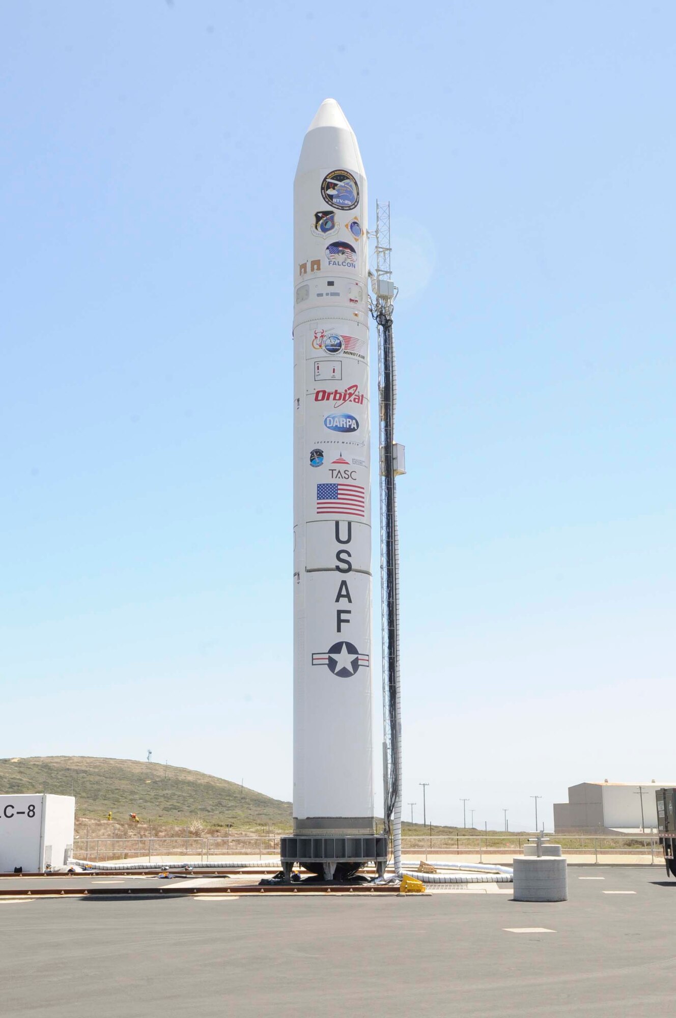VANDENBERG AIR FORCE BASE, Calif. -- A Minotaur IV rocket sits on its launch pedestal here Wednesday, Aug. 3, 2011. The Minotaur IV will carry the HTV-2 scheduled to launch Aug. 10 between 7 a.m. and 1 p.m. (U.S. Air Force photo/Staff Sgt. Scottie McCord)
