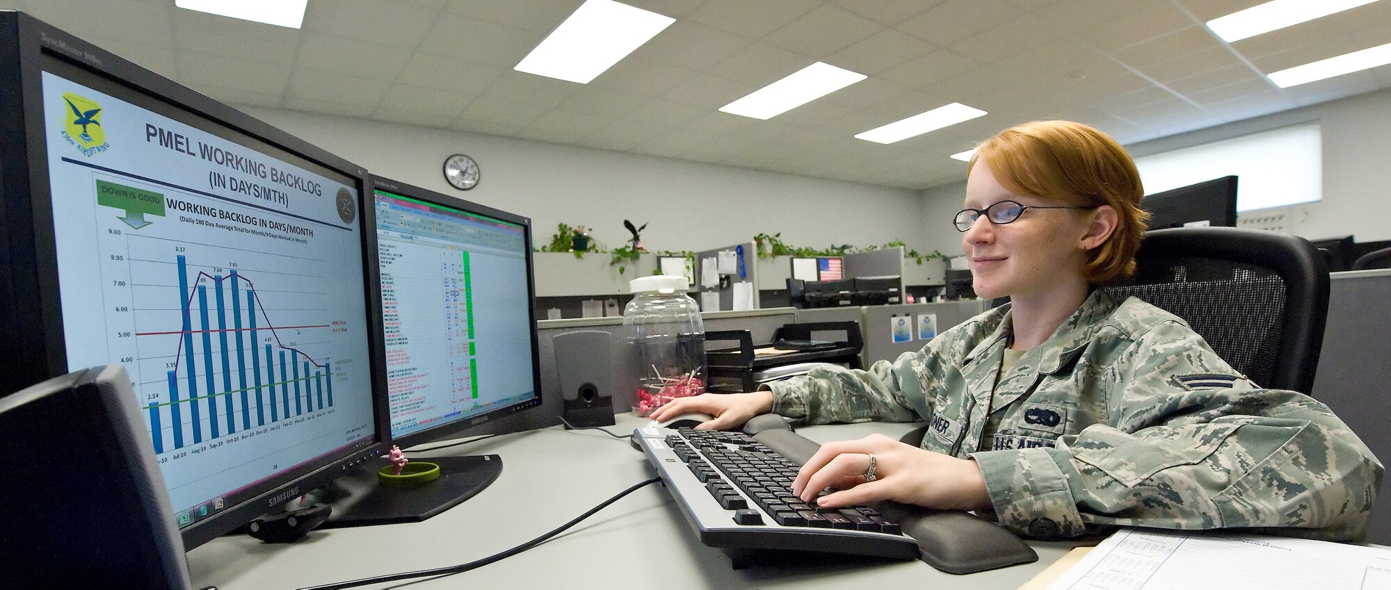 Senior Airman Kayla Gardner, 436th Maintenance Operations Squadron, Maintnenance Analysis section, reviews a bar graph on August 4, 2011. Airman Rouillard was selected as Airman of the Week for August 12, 2011. (U.S. Air Force photo by Roland Balik)