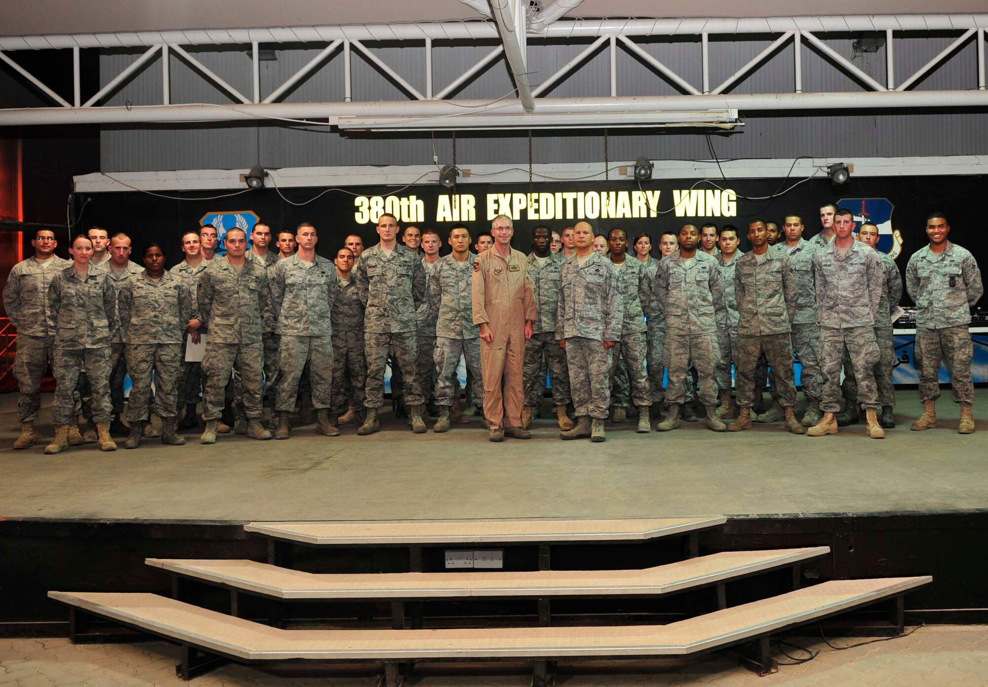 Leadership at the 380th Air Expeditionary Wing recognized 46 Airmen who were selected for promotion to the rank of staff sergeant at a ceremony here Aug. 4. 
Across the Air Force, 11,337 people were selected out of 26,549 eligible senior airmen, for a promotion rate of 42.7 percent.  (U.S. Air Force photo/Staff Sgt. Patrick Mitchell)