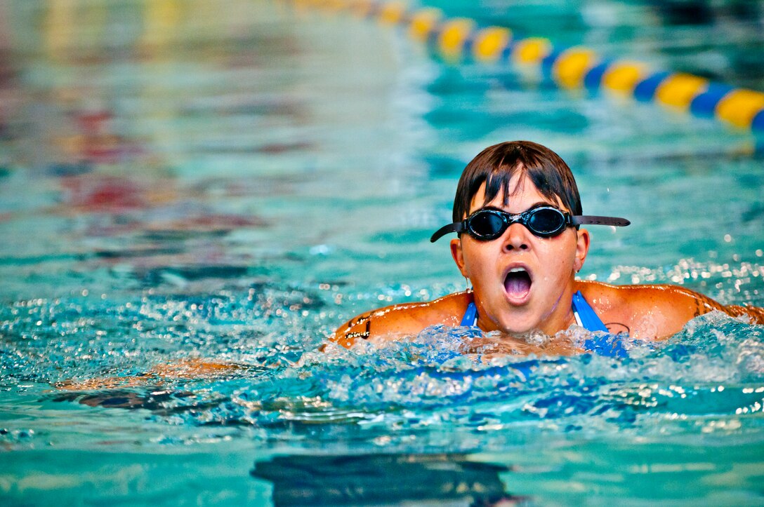 Army veteran Katie Patterson competes in the 100meter breast stroke