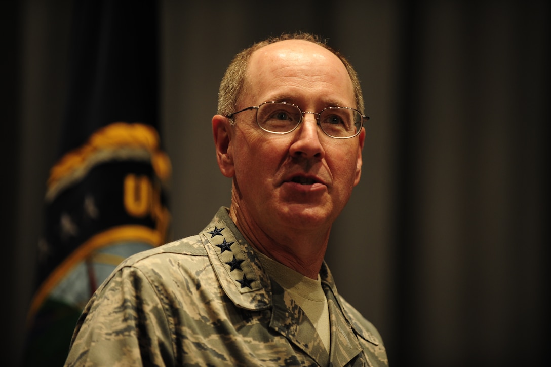 Air Force Gen. C. Robert Kehler, commander of U.S. Strategic Command, speaks to service members during Defense Secretary Leon E. Panetta's visit to Offutt Air Force Base, Neb., Aug. 5, 2011. 