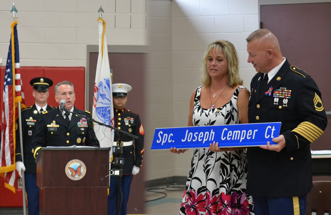 Maj. Gen. Grimsley, Chief of Staff, USSTRATCOM speaks at a street naming ceremony in Papillion, Nebraska, 5 August, in honor of Spec. Joseph Cemper, who was killed in Afghanistan in April of this year. (<a href="http://www.omaha.com/article/20110805/NEWS01/110809785#street-honors-papio-soldier">Related Article\r\n</a>)