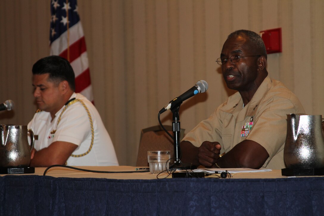Major Gen. Ronald L. Bailey, commanding general, 1st Marine Division, sits in a panel for recruiting during the National::r::::n::Naval Officers Association Professional Development and Training Conference held at the San Diego Sheraton Hotel::r::::n::and Marina, Aug. 5. The purpose of the NNOA is to enhance mission readiness for the sea services through leadership,::r::::n::mentorship and diversity.
