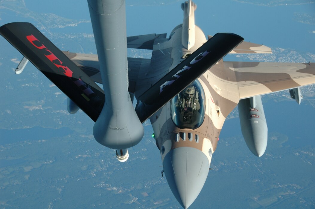 A Utah Air National Guard KC-135 prepares to refuel an F-16C headed to the Kingdom of Morocco July 30, 2011. Morocco recently purchased 24 F-16s from the United States at an estimated cost of $2.1 billion. Airmen from the Utah, Arizona and South Carolina Air National Guard helped deliver the first ferry of four fighter aircraft to their new overseas location. U.S. Air Force photo by Maj. Krista DeAngelis (RELEASED)