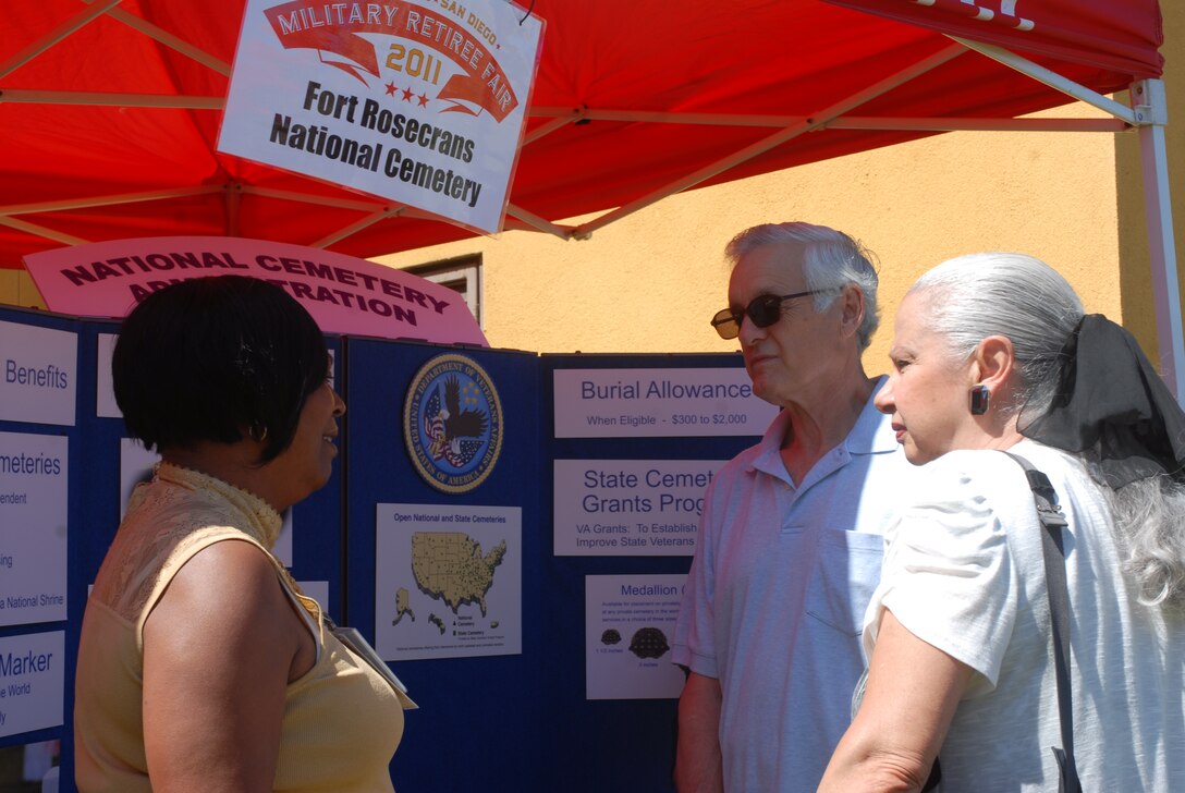 Sharon Landon, Department of Veterans Affairs, Fort Rosecrans and Miramar National Cemetery, shares burial benefits that are offered under the VA. Her booth was one of 25 at the Marine Corps Community Services Military Retiree Fair Aug. 6. The fair was open to local retirees and active duty personnel with less than two years left in the Marine Corps.