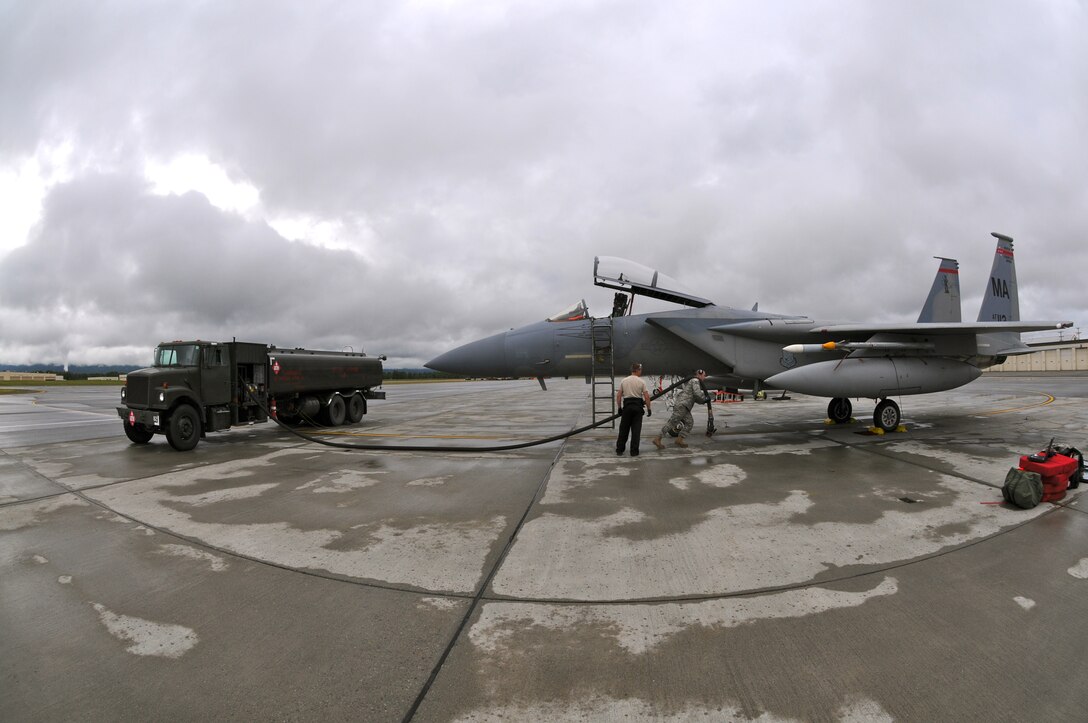104th Fighter Wing, Mass. Air National Guard, F-15 being refueled while deployed to Joint Base Elmendorf-Richardson, Alaska. (U.S. Air Force Photo by: Technical Sergeant, Anthony M. Mutti)