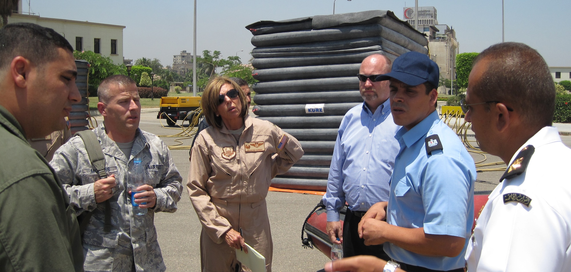 Reservists from the 446th Aeromedical Evacuation Squadorn here, visited Almaza Air Force Base, Cairo, Egypt July 18.  The AES mission involved an expert capabilities assessment of Egyptian aeromedical evacuation, search and rescue, and medical waste disposal, said Col. Jan Moore-Harbert, 446th AES commander.  (Courtesy photo)
