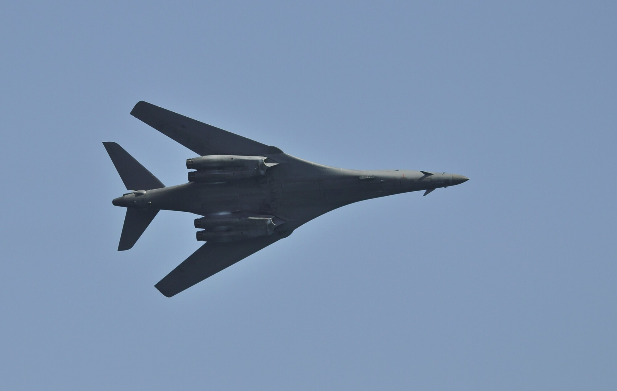 A U.S. Air Force B1-B Lancer executes a turn in preparation for a high speed pass at the Milwaukee Air and Water Show on Saturday, August 6.  The Lancer was staged at the 128th Air Refueling Wing, and it took part in the two-day air show along the Milwaukee shoreline of Lake Michigan.  (U.S. Air Force photo by Staff Sgt. Jeremy Wilson / Released)