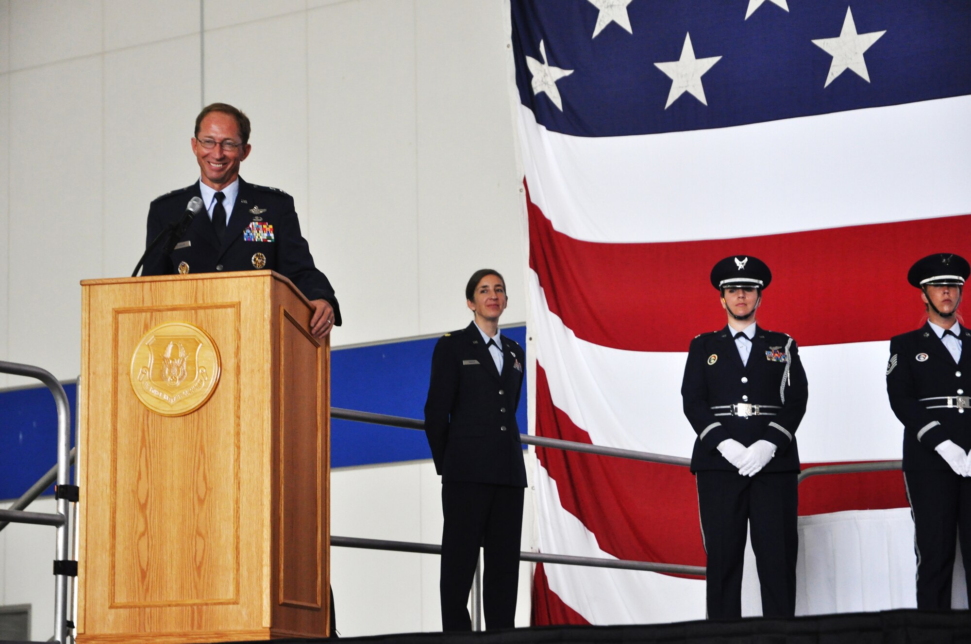 In a change of command ceremony, held Aug. 8 in the Base Hangar, Col. Steven D. Vautrain assumed the reins of command at the 439th Airlift Wing.  Major Gen. James T. Rubeor presided over the event and it was attended by the wives, families and friends of the incoming and outgoing commander, local community leaders and about 1,100 Westover troops. 