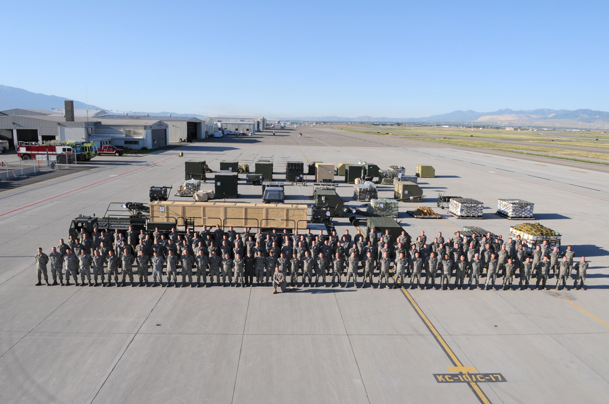 More than 160 Airmen and 100 short tons of cargo are positioned on the Utah Air National Guard Base flightline August 7 as part of Exercise Double Whammy.  The exercise tested the wing's ability to process and deploy personnel and cargo in the event of an attack on the homeland.  (U.S. Air Force photo by TSgt. Kelly Collett)