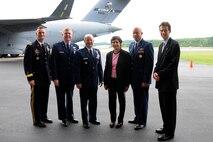 STEWART AIR NATIONAL GUARD BASE, NEWBURGH NY; (L to R) Maj. Gen. Patrick A. Murphy, Adjutant General for New York state; Brigadier Gen. Verle L. Johnston Jr., 105th Airlift Wing Commander; Gen. Duncan McNabb, Commander of the U.S. Transportation Command; Ms. Elizabeth Galzer, Deputy Secretary of Public Safety; Lt. Gen Harry M. Wyatt, Director of the Air National Guard; Mr. Bob P. Ciesla, Program Manager for the C-17 Globemaster III at Boeing. (USAF Photo TSgt Lee Guagenti) (RELEASED)