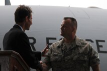 STEWART AIR NATIONAL GUARD BASE, NEWBURGH NY; Mr. Bob P. Ciesla, program manager for the C-17 Globemaster III program for Boeing, presents a coin to SMSgt John Sheehy, one of the first dedicated C-17 Crew Chiefs at the 105th Aircraft Maintenance Squadron. (USAF Photo TSgt Lee Guagenti) (RELEASED)