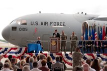 STEWART ANGB, Newburgh N.Y. - Mr. Bob P. Ciesla,  Boeing C-17 program Director with Senior Master Sgt. John Sheehy and Senior Master Sgt. Jeff Sheehy, Dedicated Crew Chiefs for the first two Stewart C-17 Globemaster III's assigned to the 105th Airlift Wing during the Rollout ceremony on August 6, 2011. (U.S. Air Force photo by Tech. Sgt. Michael OHalloran) (released)