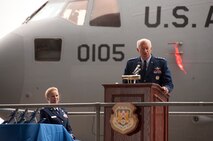 Stewart ANGB, Newburgh N.Y. - Lt. Gen. Harry M. Wyatt III, director, Air National Guard addresses the audience at the Rollout ceremony of the 105th Airlift Wing's new aircraft, the C-17 Globemaster III on August 6, 2011. (U.S. Air Force photo by Tech. Sgt. Michael OHalloran) (released)
