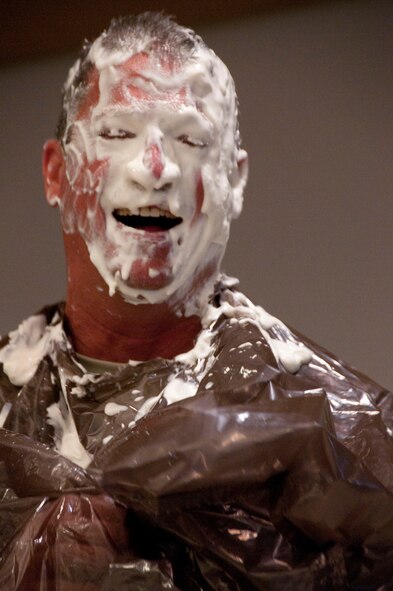 Master Sgt. Rick Talvy gets a pie in the face Aug. 6. The 162nd Fighter Wing Junior Enlisted Council and wing senior leaders worked together on the “Pie in the Face” fund raising event to benefit several worthy JEC programs. (U.S. Air Force photo/Master Sgt. Dave Neve)