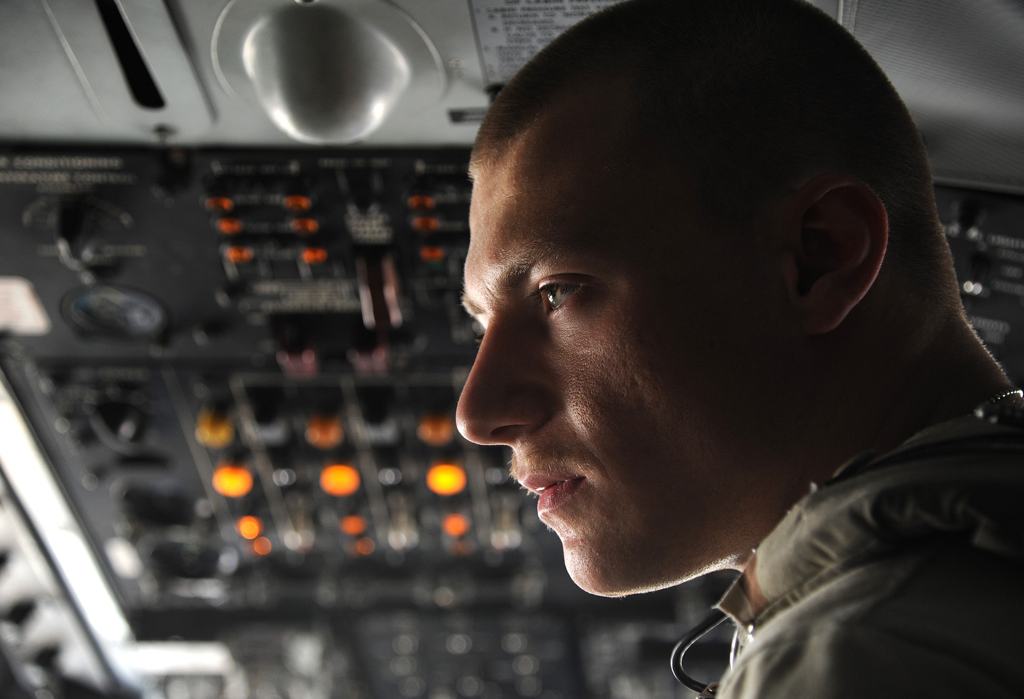 Air Force Staff Sgt. Alan Peterson, 340th Expeditionary Aircraft Refueling Squadron instrument flight control specialist, stands in the cockpit of a KC-135 Stratotanker during a pre-flight inspection in Southwest Asia. Maintenance airmen work hand in hand with pilots and aircrew to ensure the aircraft is safe to fly. (U.S. Air Force photo by Senior Airman Tristin English)