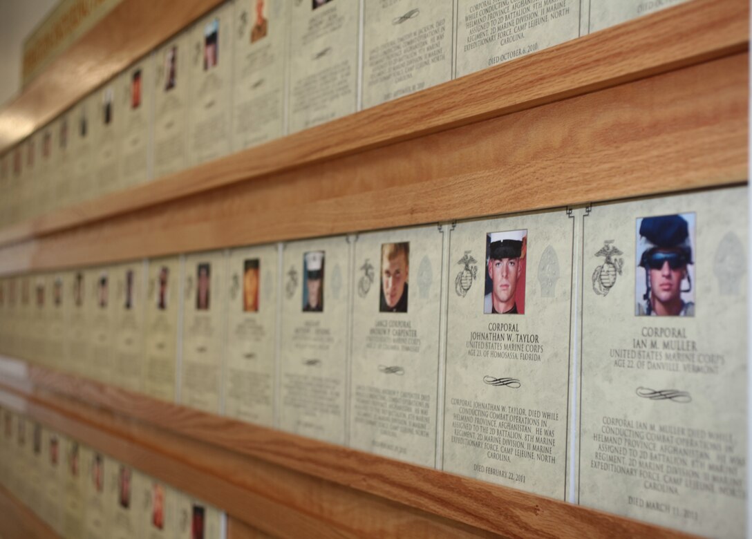 The culmination of almost four months of hard work finally paid off when the Hall of Heroes was officially opened during a ceremony aboard Marine Corps Base Camp Lejeune, N.C., August 8, 2011. The wall of photographs was created to honor all 133 Marines and sailors from the 2nd Marine Division who gave their lives during Operation Enduring Freedom.