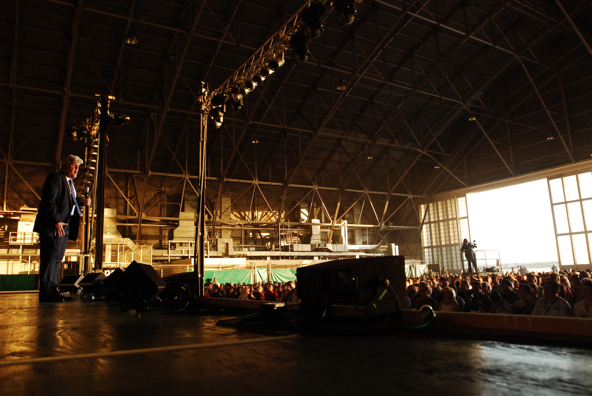 Comedian and TV host, Jay Leno, delivers another punch line during an hour-long comedic performance, Aug. 6, 2011, at Lackland Air Force Base, Texas.  More than 2,000 people attended the event officially hosted by the 433rd Airlift Wing and sponsored by the Air Force Reserve Command's recruiting program, “Get 1 Now.” (U.S. Air Force photo/Senior Airman Brian McGloin)