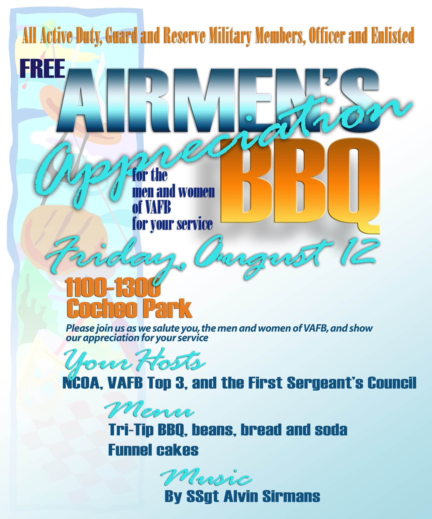 VANDENBERG AIR FORCE BASE, Calif.--The Lompoc Chamber of Commerce is scheduled to host the annual Airmen’s Appreciation Barbecue at Cocheo Park here from 11 a.m. to 1 p.m. Friday, Aug. 12, 2011.  The barbecue is free to all military members and family members of deployed personnel. (Courtesy graphic)