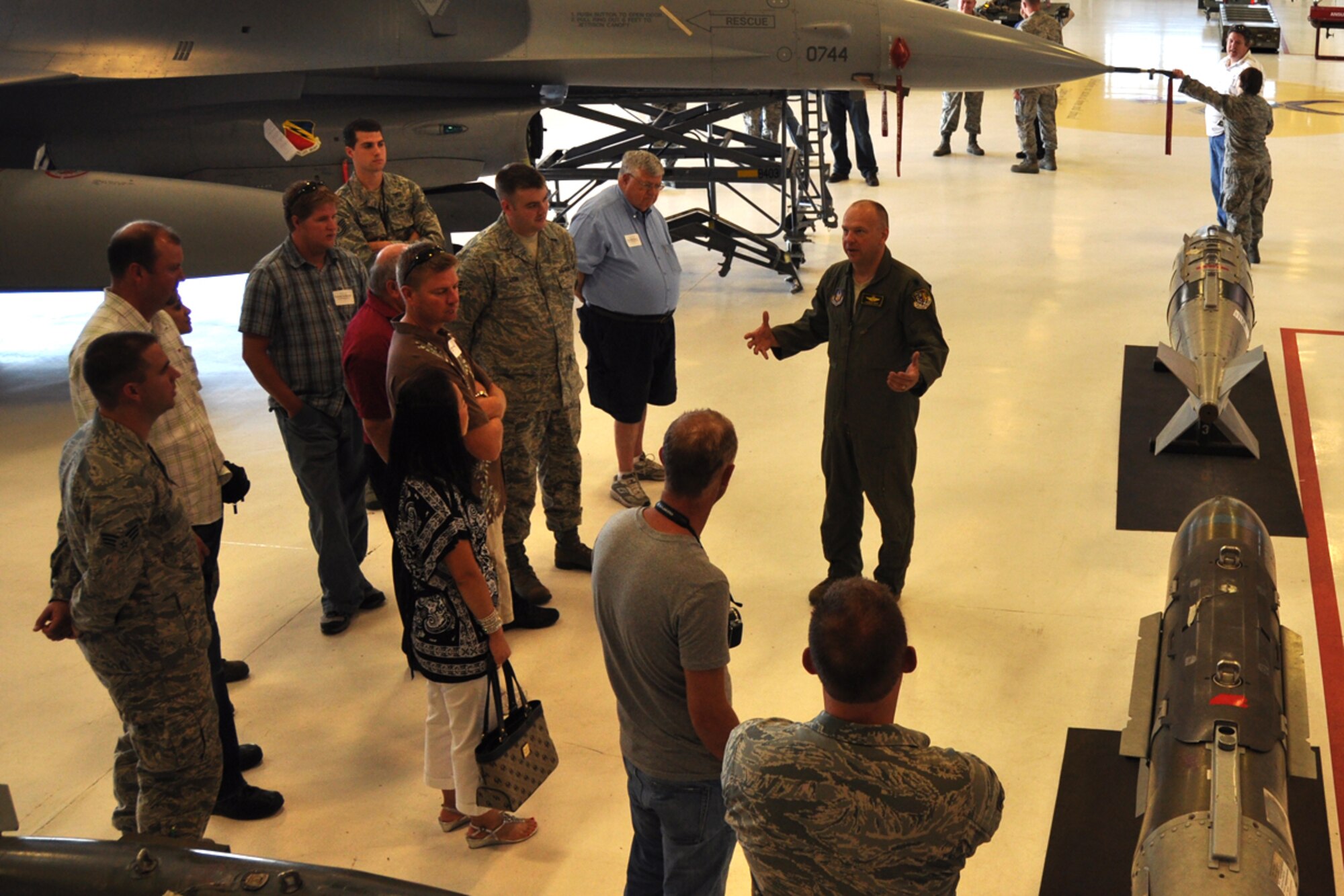 419th Fighter Wing pilot, Lt. Col. Andrew Chudy, showcases the F-16 and its capabilities to Employer Appreciation Day attendees Sunday. (U.S. Air Force photo/Staff Sgt. Heather Skinkle)