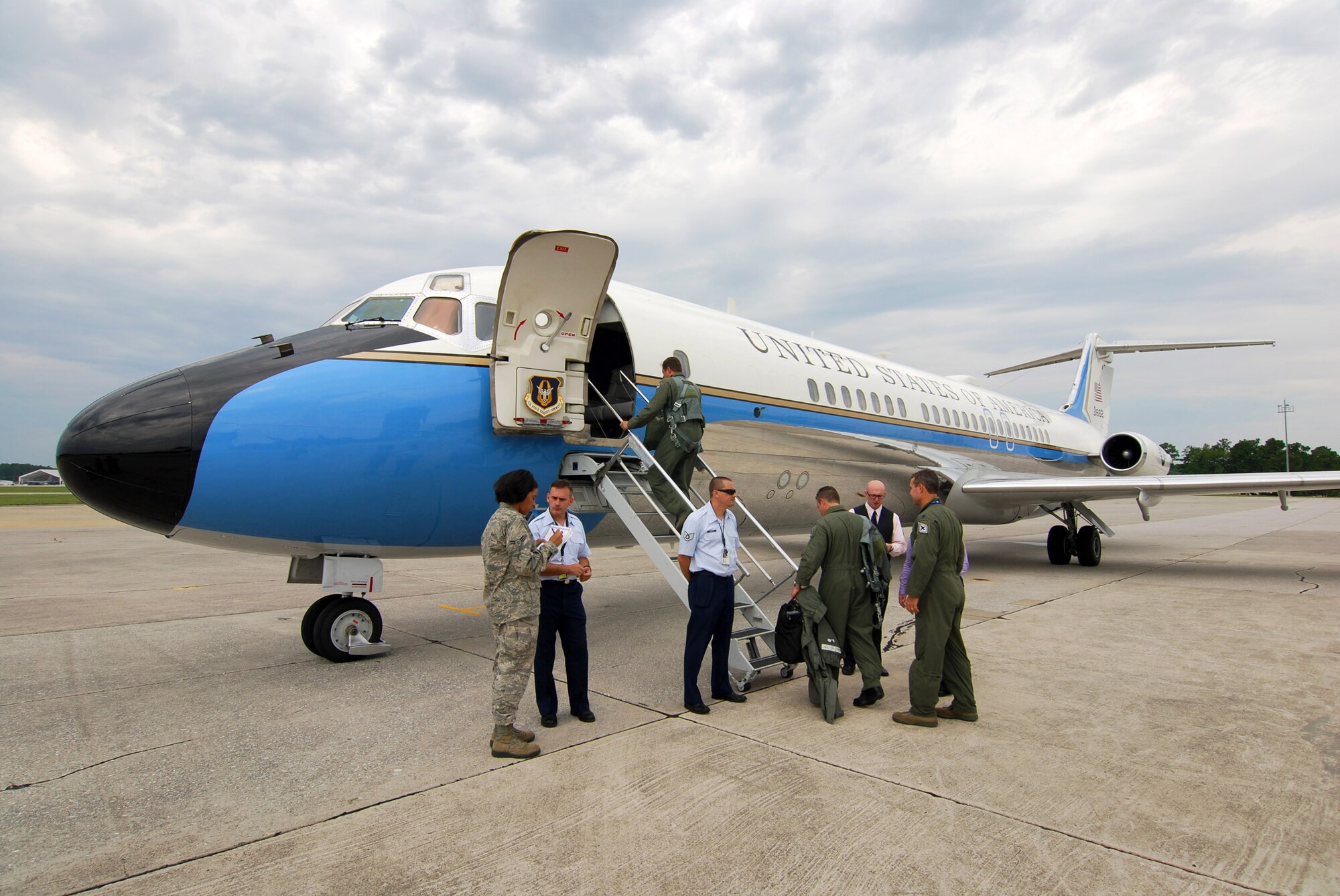 A VC-9C transport from Scott Air Force Base, normally designated for distinguished visitors, flew in to Dobbins ARB to return 14 F-16 pilots back to Homestead ARB, Fla., Aug 4.  Five pilots are scheduled to fly the remaining jets from Homestead to Dobbins ARB later this afternoon.  The F-16C block 30 fighter jets are being moved from Homestead as a precautionary measure to avoid possible damage from tropical storm Emily, currently brewing in the Atlantic Ocean.  (U.S. Air Force photo/ Brad Fallin) 