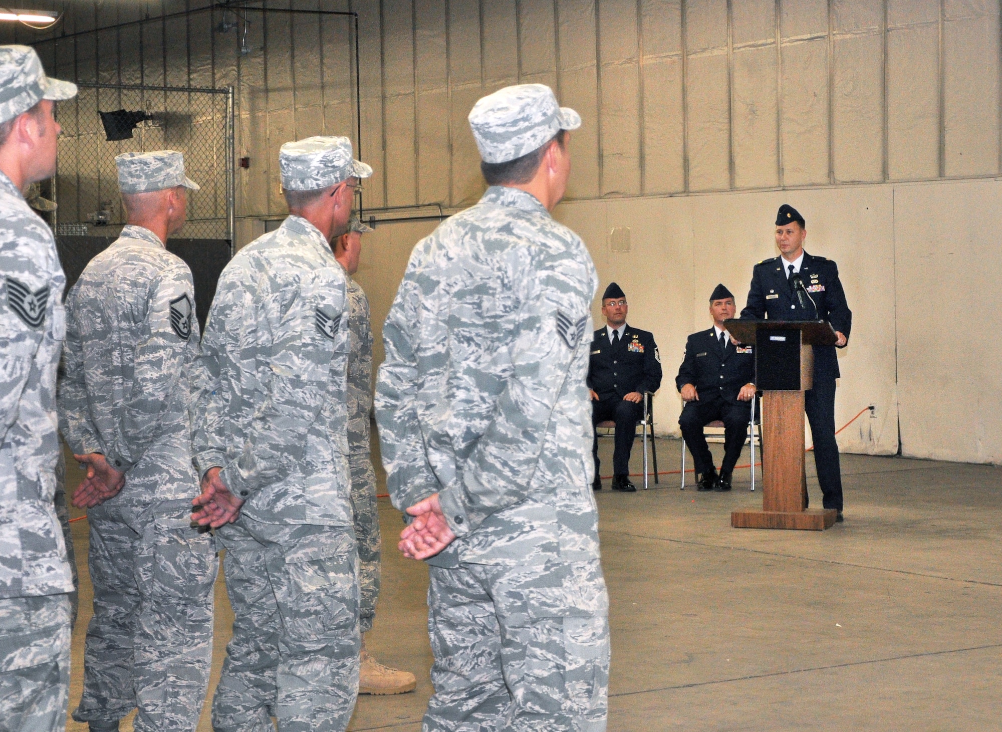 Maj. James Morgan, the new 419th Civil Engineer Squadron commanders takes the podium during his Assumption of Command ceremony Sunday. During his remarks, he thanked his family for attending and noted it was an honor to command such a successful unit.  (U.S. Air Force photo/ Airman 1st Class Crystal Charriere)