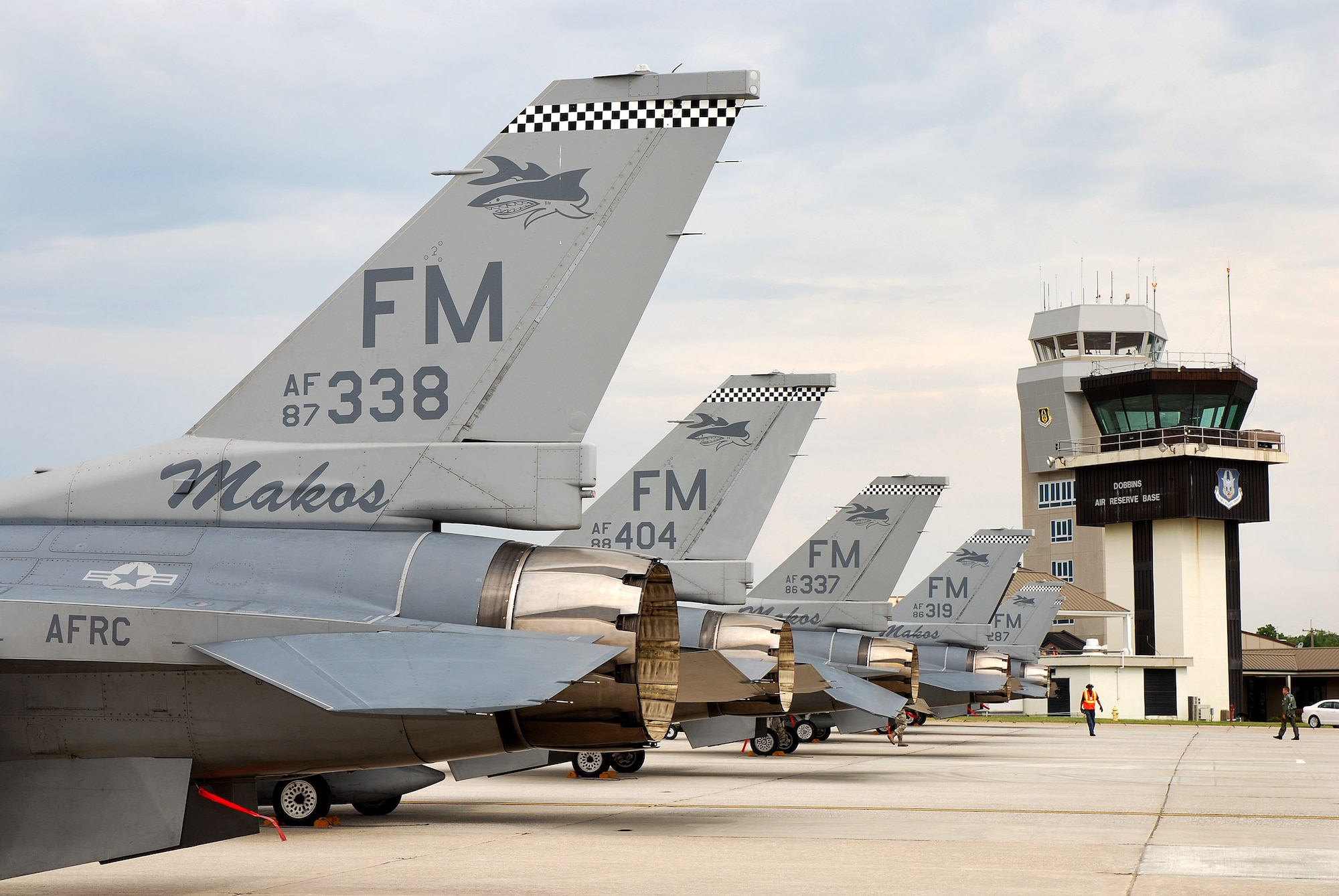 F-16C block 30 General Electric powered fighter aircraft from the 482nd Fighter Wing at Homestead Air Reserve Base, Fla., sit on the ramp at Dobbins Air Reserve Base, Ga., Aug 4. Pilots from the 93rd Fighter Squadron flew the jets here as a precautionary measure to avoid possible damage from tropical storm Emily, currently brewing in the Atlantic Ocean.  (U.S. Air Force photo/ Brad Fallin)