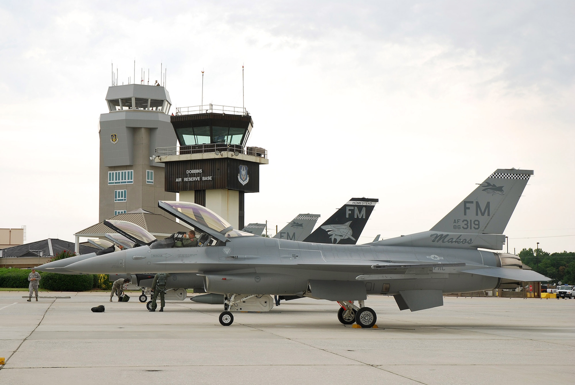 F-16C block 30 General Electric powered fighter aircraft from the 482nd Fighter Wing at Homestead Air Reserve Base, Fla., arrive on the ramp at Dobbins Air Reserve Base, Ga., Aug 4. Pilots from the 93rd Fighter Squadron flew the jets here as a precautionary measure to avoid possible damage from tropical storm Emily, currently brewing in the Atlantic Ocean.  (U.S. Air Force photo/ Brad Fallin)