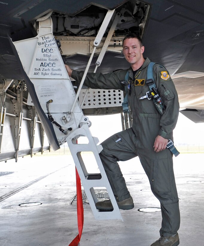 WHITEMAN AIR FORCE BASE, Mo. – Capt. Jon Roe, 393rd Bomb Squadron pilot, steps aboard the B-2 Spirit here July 25. Capt Roe departed Whiteman to participate in Air Force Global Strike Command's second annual Global Strike Challenge. (U.S. Air Force photo by Senior Airman Alexandra M. Boutte) (RELEASED)