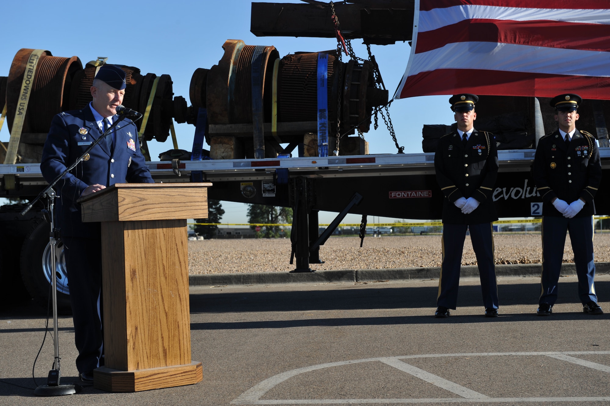BUCKLEY AIR FORCE BASE, Colo. -- Colonel Daniel Dant, 460th Space Wing commander, speaks in remembrance of  World Trade Center attacks Aug. 8, 2011. The pieces, shipped here from the Port Authority of New York and New Jersey, are believed to be from the top five floors of the North Tower. (U.S. Air Force photo by Airman 1st Class Phillip Houk)