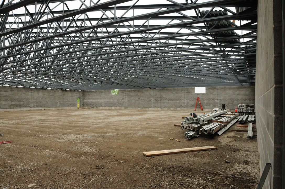 Indoor firing range construction progresses at Niagara Falls Air Reserve Station, N.Y. on August 3, 2011. This 6.3 million dollar 21,000 square foot facility will be utilized by several units stationed at the base in addition to other local, state and federal law enforcement agencies. (U.S. Air Force photo by Peter Borys)
