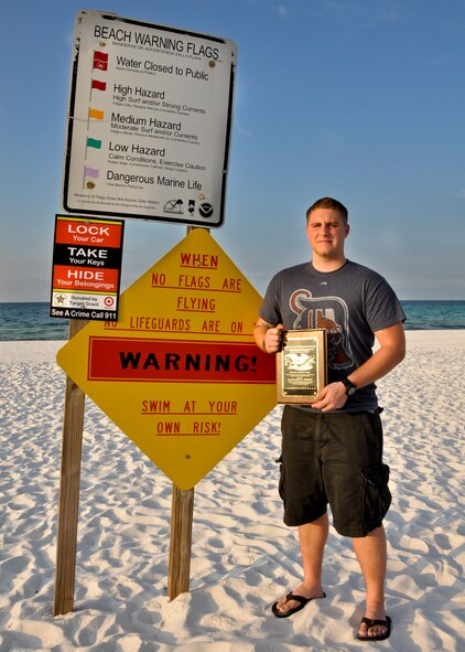 Senior Airman Jonathon Bennett from the 96th Security Forces Squadron, recently won the 2011 Non- Commissioned Officers Association Vanguard Award for risking his life rescuing seven people from riptides at Fort Walton Beach, Fla.'s Okaloosa Island back in April.  (U.S. Air Force photo/Kevin Gaddie)