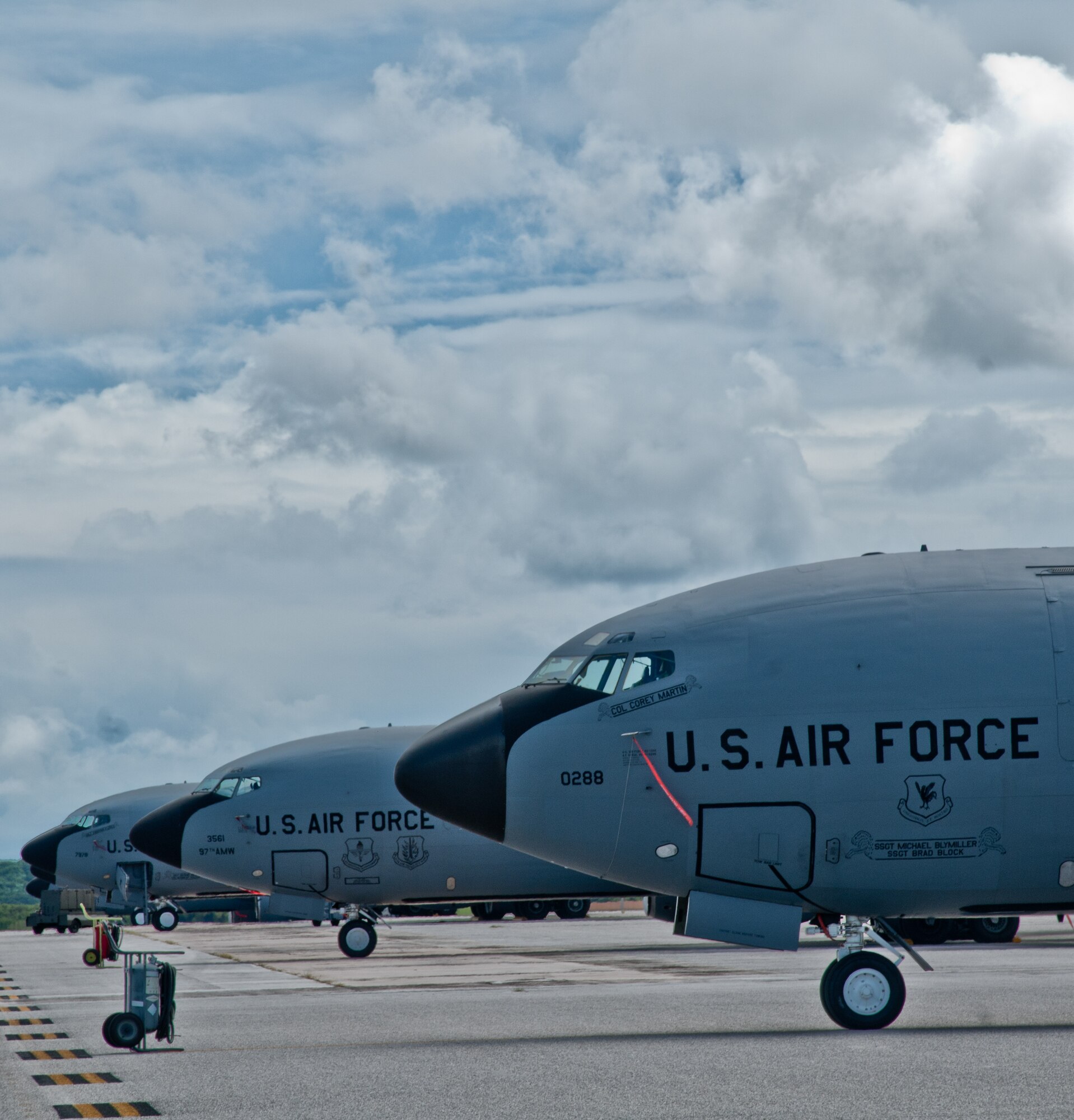 Andersen Air Force Base, Guam--909th Air Refueling Squadron KC-135’s are parked here during an evacuation precaution during typhoon season in the Pacific Ocean. The 909th ARS provides combat-ready KC-135 tanker aircrews to support peacetime operations and all levels of conflict in the Pacific theater. The 909th ARS deploys worldwide executing contingency and strategic war plan operations. They are the Pacific Air Forces' "lead force" for air refueling U.S. and allied aircraft during all contingencies. (U.S. Air Force photo by Staff Sgt. Alexandre Montes)