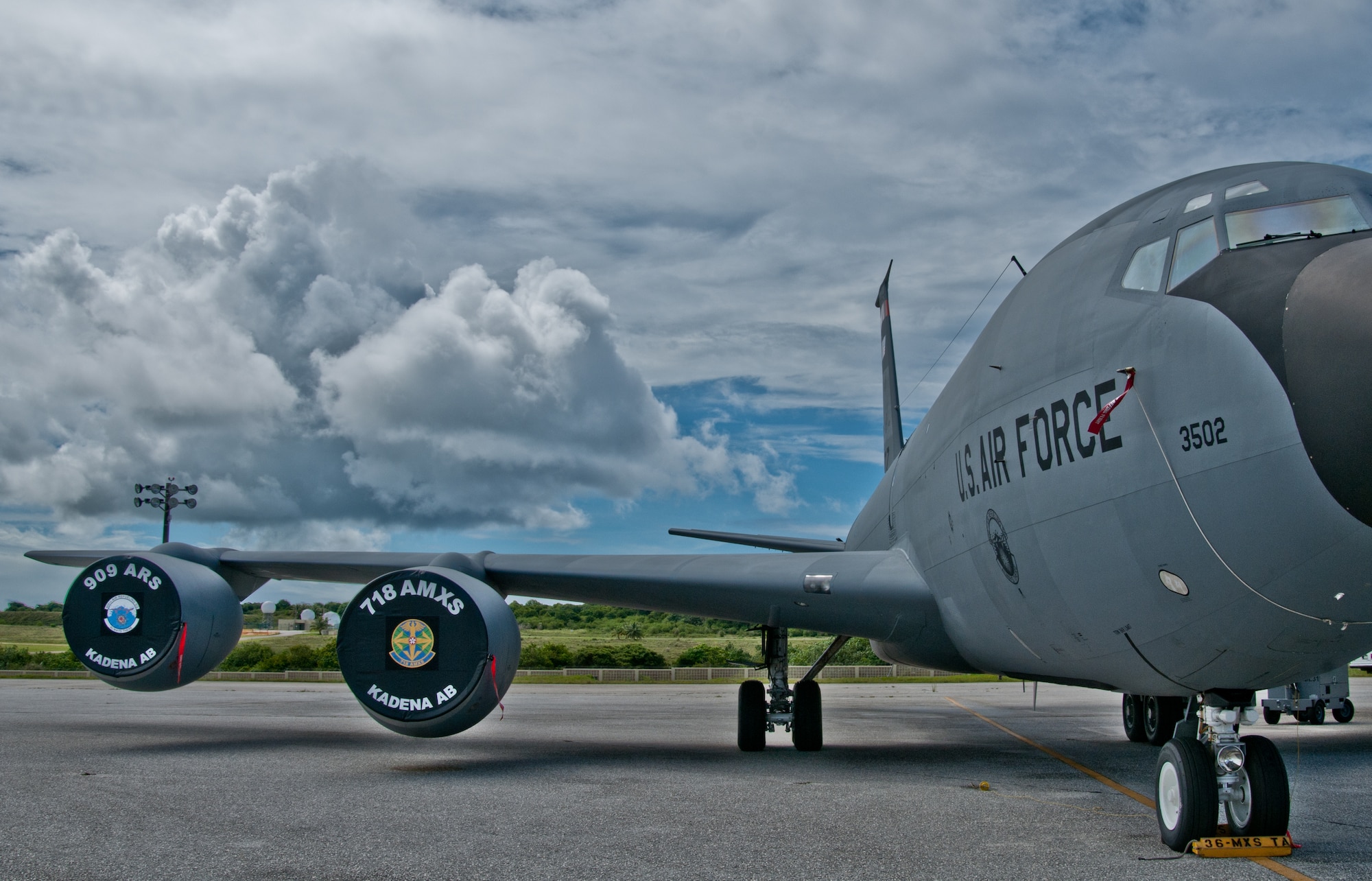 Andersen Air Force Base, Guam--A 909th Air Refueling Squadron KC-135 is parked here during an evacuation precaution during typhoon season in the Pacific Ocean. The 909th ARS provides combat-ready KC-135 tanker aircrews to support peacetime operations and all levels of conflict in the Pacific theater. The 909th ARS deploys worldwide, executing contingency and strategic war plan operations. They are the Pacific Air Forces' "lead force" for air refueling U.S. and allied aircraft during all contingencies. (U.S. Air Force photo by Staff Sgt. Alexandre Montes)