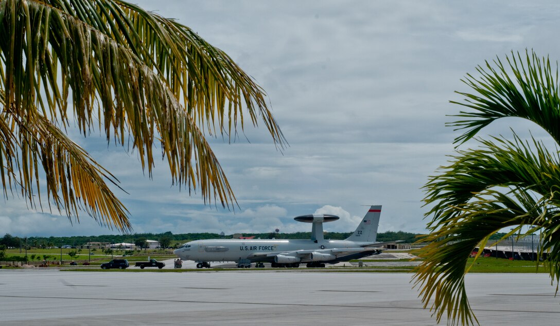 Andersen Air Force Base, Guam--An E-3 Sentry airborne warning and control system prepares to taxi out for takeoff August 4.The AWACS aircraft, from the 552nd Air Control Wing at Tinker Air Force Base, Okla., provides all weather surveillance, command, control and communication. (U.S. Air Force photo by Staff Sgt. Alexandre Montes)