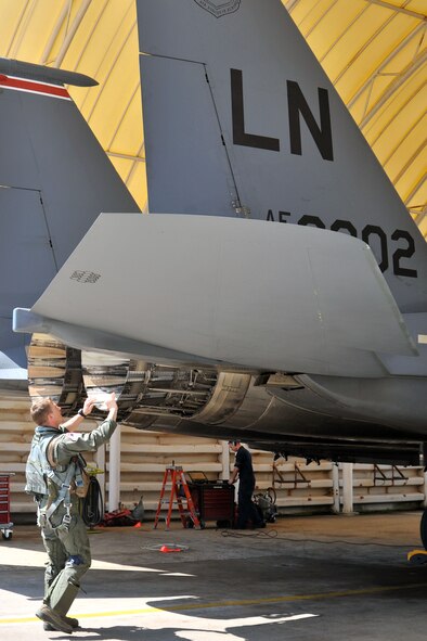KUNSAN AIR BASE, Republic of Korea -- Capt. Titus Amundson, 494th Expeditionary Fighter Squadron weapon systems officer from Royal Air Force Lakenheath, England, performs a pre-flight inspection on a F-15E Eagle Strike here Aug. 5. Army and Air Force units teamed up for a joint training exercise at Jikdo Island, firing AGM-114 Hellfire missiles, rockets and 30mm munitions at the range. (U.S. Air Force photo/Senior Airman Brittany Y. Bateman)