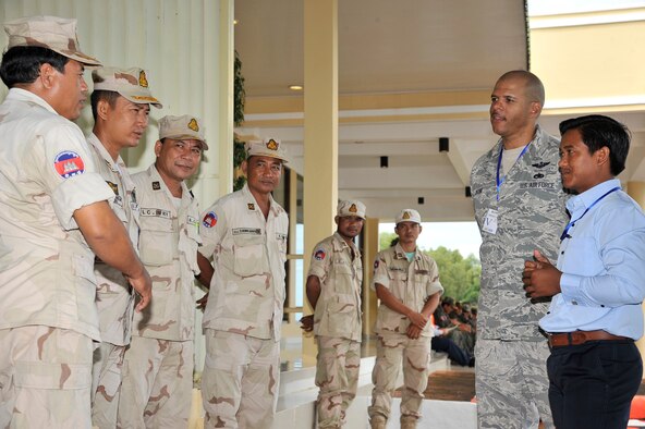 SIHANOUKVILLE, Cambodia – Master Sgt. James Bonk meets with Royal Cambodian Armed Forces during a subject-matter expert exchange here Aug. 8, 2011. The exchange was part of PACIFIC ANGEL 11-1, which partners U.S. and Cambodian military and civilian personnel to provide medical, dental, optometry and engineer programs to local Cambodians as well as airfield operations subject-matter expert exchanges. Sergeant Bonk is a contingency response team lead assigned to the 36th Mobility Response Squadron, Andersen Air Force Base, Guam. (U.S. Air Force photo/Staff Sgt. Christopher Boitz)