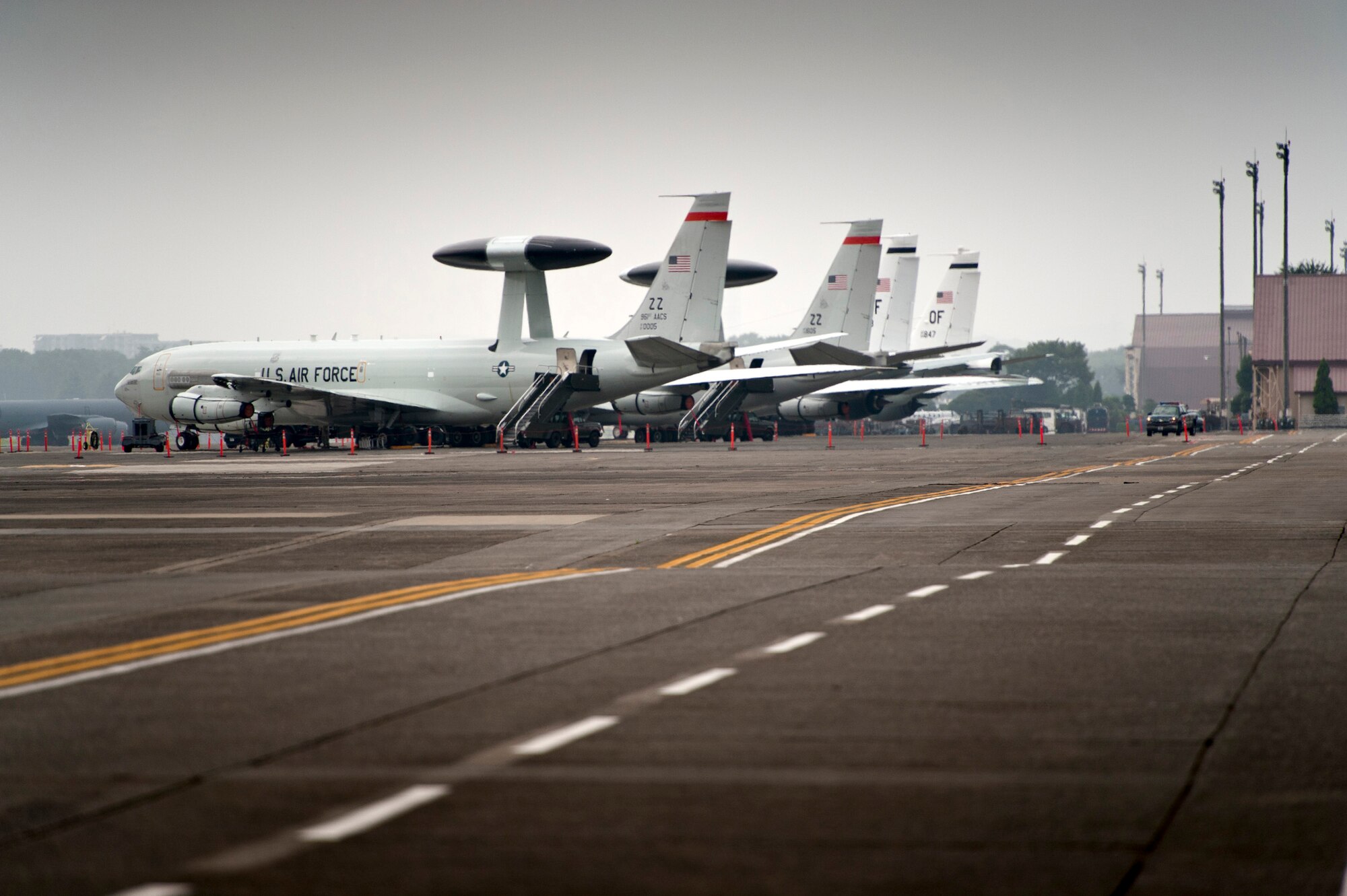 YOKOTA AIR BASE, Japan -- Aircraft from Kadena Air Base line the flightline at Yokota Air Base, Japan, Aug. 3, 2011. The aircraft were evacuated to avoid an incoming typhoon headed for Okinawa. (U.S. Air Force photo/Staff Sgt. Samuel Morse)