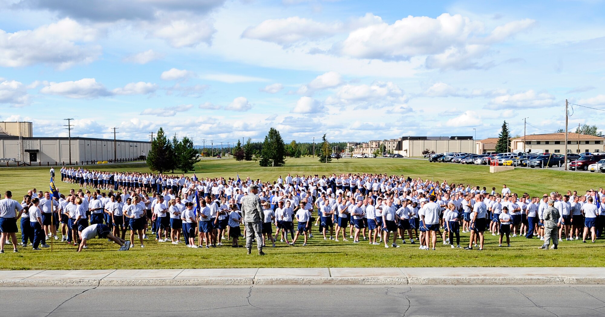 Members of the 354th Fighter Wing gather for a retreat ceremony and 5K run Aug. 8, 2011, Eielson Air Force Base, Alaska. (U.S. Air Force photo/Staff Sgt. Miguel Lara III)