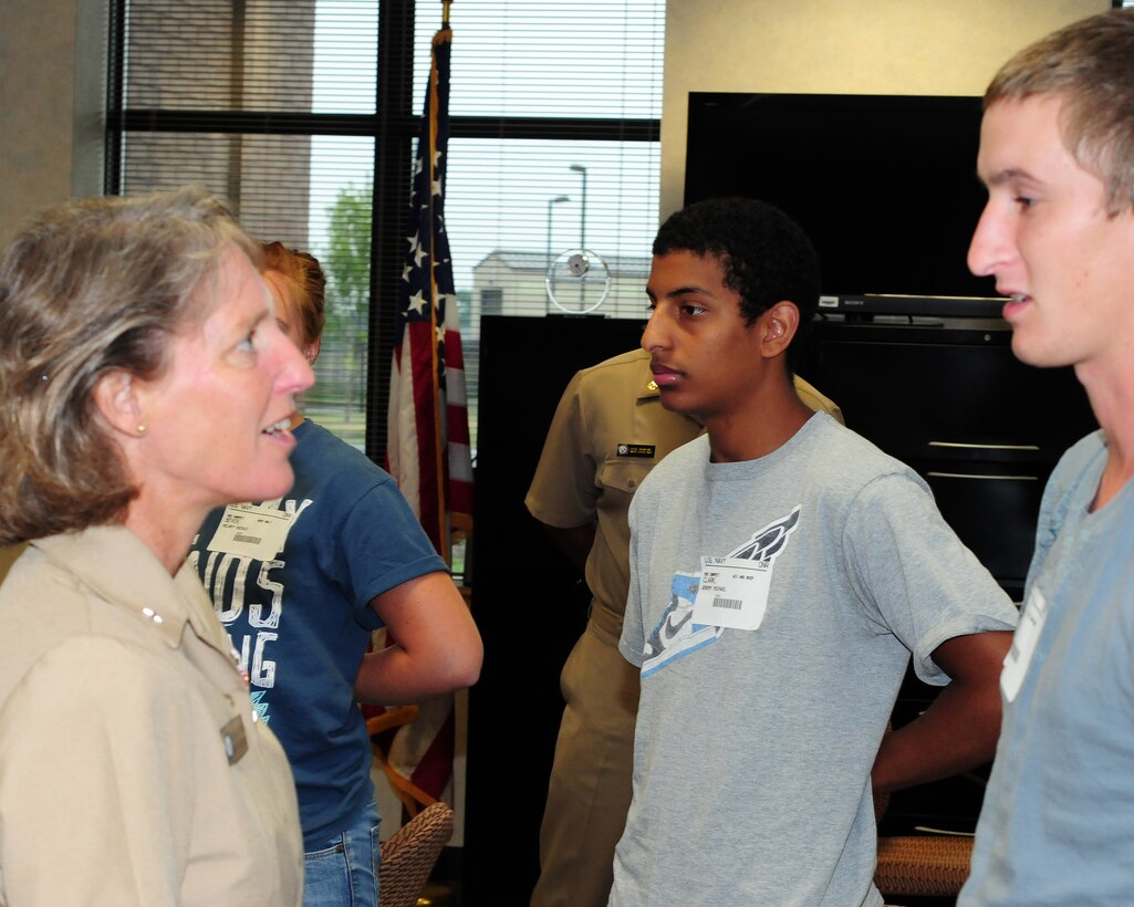Rear Admiral Robin L. Graf, Commander of U.S. Navy Recruiting Command speaks with new Navy recruits about the excitement and challenges that lie ahead of them while visiting the Military Entrance Processing Station at the Niagara Falls Air Reserve Station on August 9, 2011. (U.S. Air Force photo by Peter Borys)