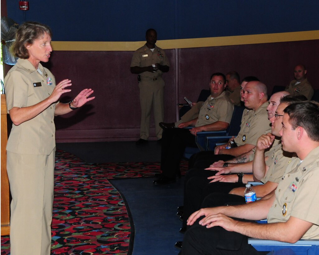 Rear Admiral Robin L. Graf, Commander of U.S. Navy Recruiting Command speaks with regional Navy recruiters about the challenges ahead while visiting the Niagara Falls Air Reserve Station on August 8, 2011. (U.S. Air Force photo by Peter Borys)