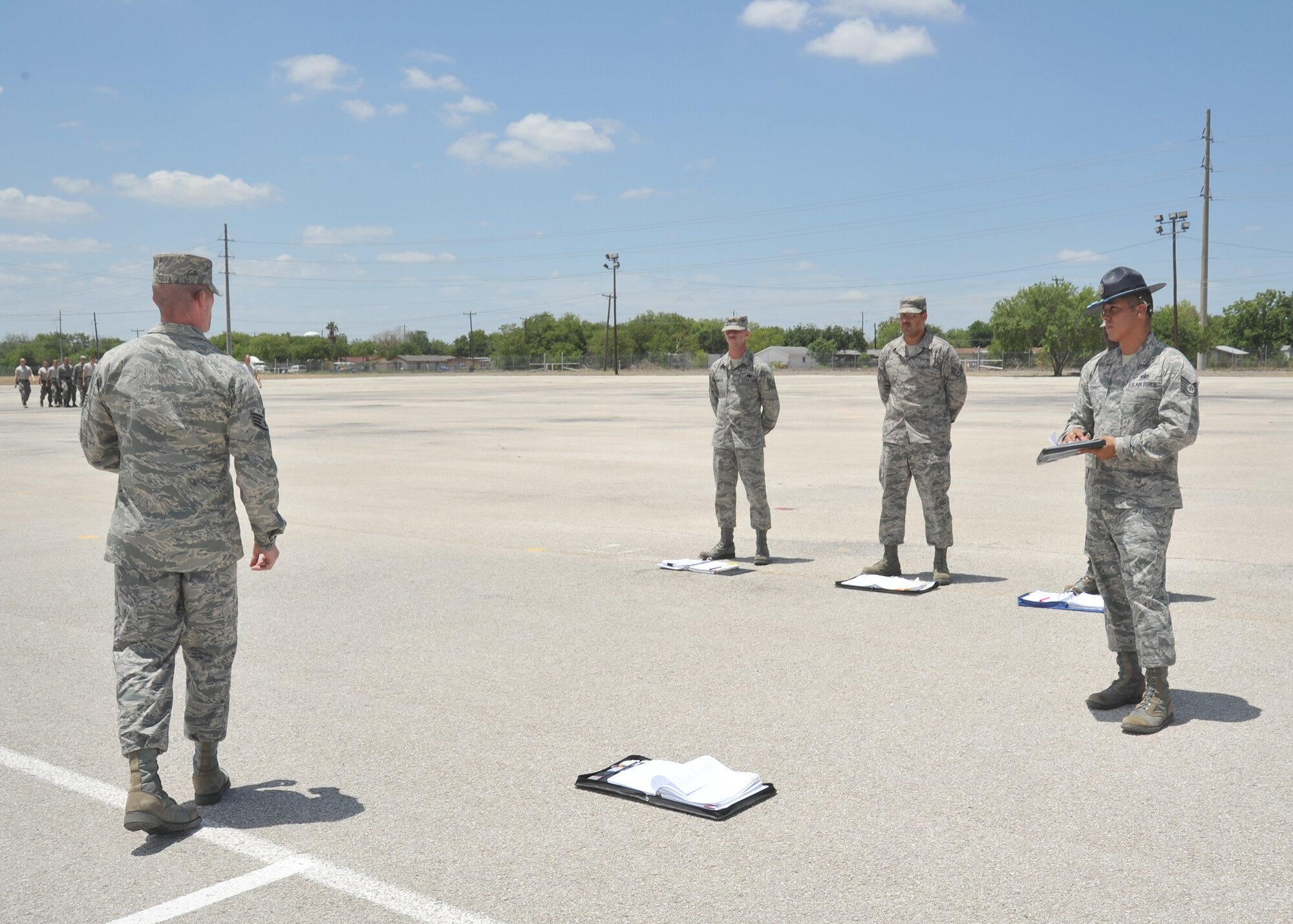 Tech. Sgt. Ricardo Chavez, 433rd Training Squadron master military training instructor, conducts a training session with Airmen training to become military training instructors at Lackland Air Force Base, Texas, July 13, 2011.Chavez currently serves fulltime on an Active Guard and Reserve tour of duty as the 737th Training Support Squadron unit training manager. The unit is the Air Force basic military training's largest squadron with more than 150 people. Besides his MTI duties, Chavez is responsible for the overall management of the unit's training program. He conducts comprehensive trainee orientation and compliance documentation for newly assigned instructors. (U.S. Air Force photo)