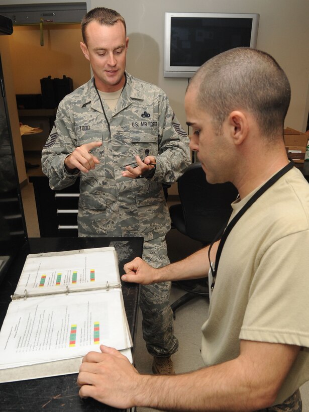 Master Sgt. William Todd, 633rd Air Base Wing weapons safety manager, discusses the local operating instruction with Staff Sgt. James Cote, 1st Maintenance Squadron precision guided ammunitions supervisor, during a spot inspection at Langley Air Force Base, Va., July 14, 2011. The safety office helps identify hazards and measure compliance by performing a variety of workplace inspections. (U.S. Air Force photo by Airman 1st Class Racheal Watson/Released)