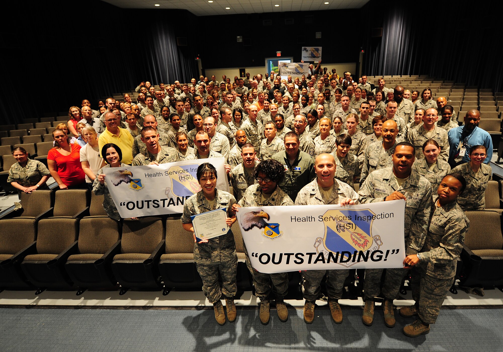 SEYMOUR JOHNSON AIR FORCE BASE, N.C. -- Members of the 4th Medical Group receive a rating of "Outstanding" on the Health Services Inspection Aug. 5, 2011. (U.S. Air Force photo by Senior Airman Rae Perry)