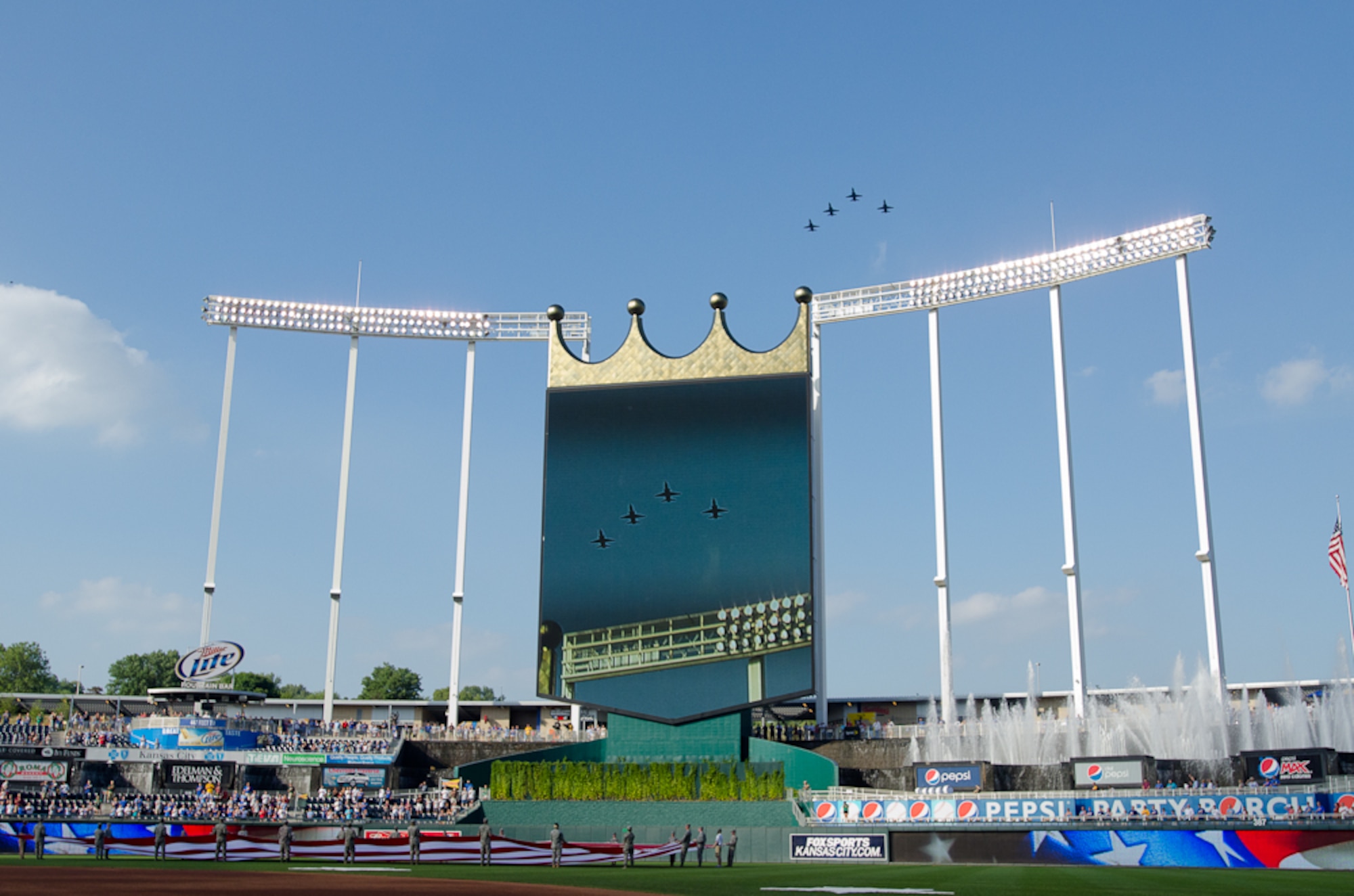 U.S. Air Force T-38 trainers fly over Kauffman Stadium during The National Anthem on Aug. 6, 2011 in Kansas City Mo. The Kansas City Royals hosted Armed Forces Day to honor all veterans of the military. (U.S. Air Force photo by Senior Airman Sheldon Thompson)