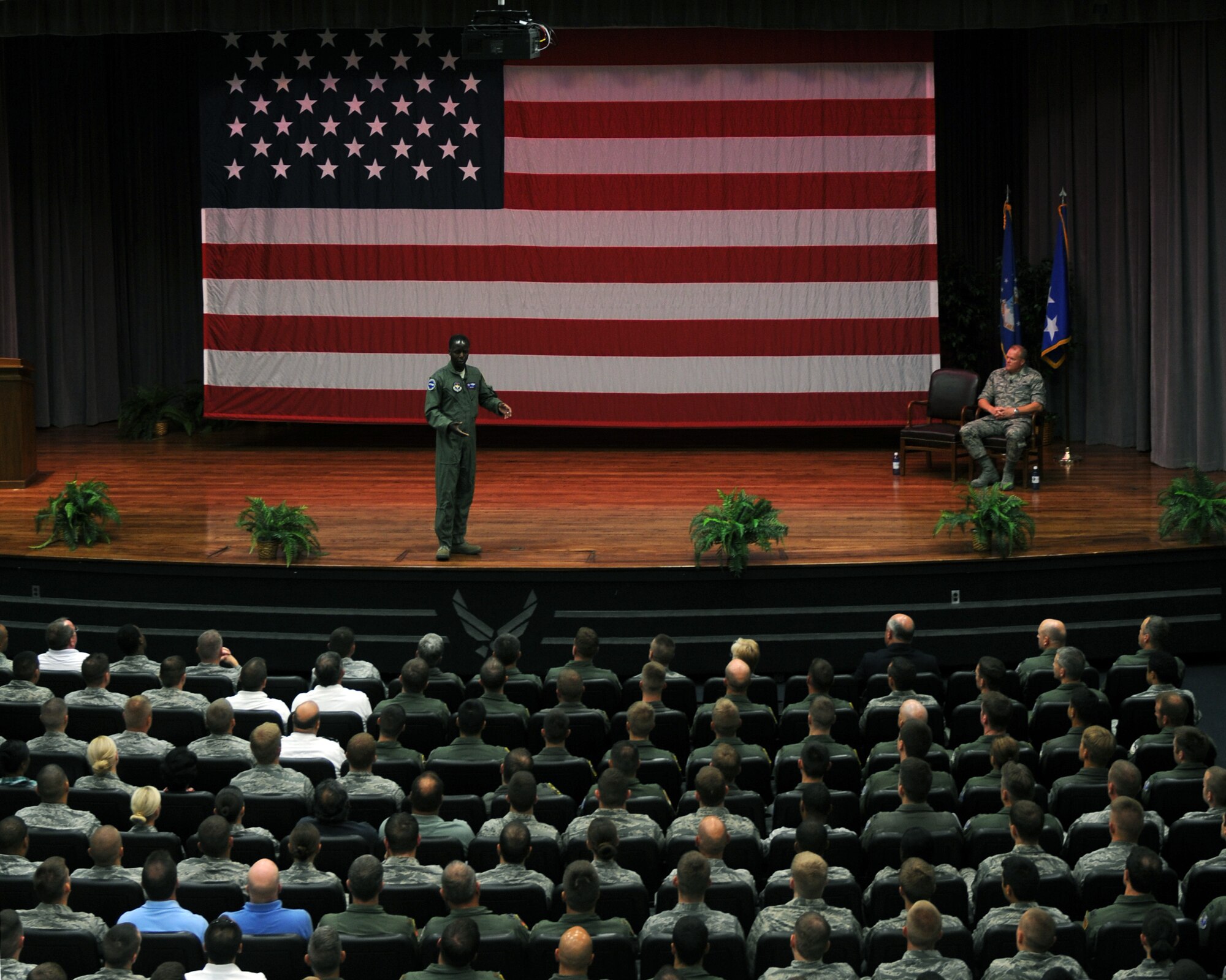 Gen. Edward Rice, Commander, Air Education and Training Command and AETC Command Chief Master Sergeant Jim Cody, addressed Columbus AFB Airmen during an all-call on Aug. 9. The AETC senior leaders answered many questions about the future of AETC, and urged Airmen to look for ways to improve processes. (U.S. Air Force photo/Melissa Doublin)