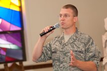 HANSCOM AIR FORCE BASE, Mass. – Second Lt. Brenner Campbell, speaks at the Hanscom Chapel Aug. 5. Lieutenant Campbell just completed a 35-day active duty tour as a chaplain candidate. (U.S. Air Force photo by Mark Wyatt)