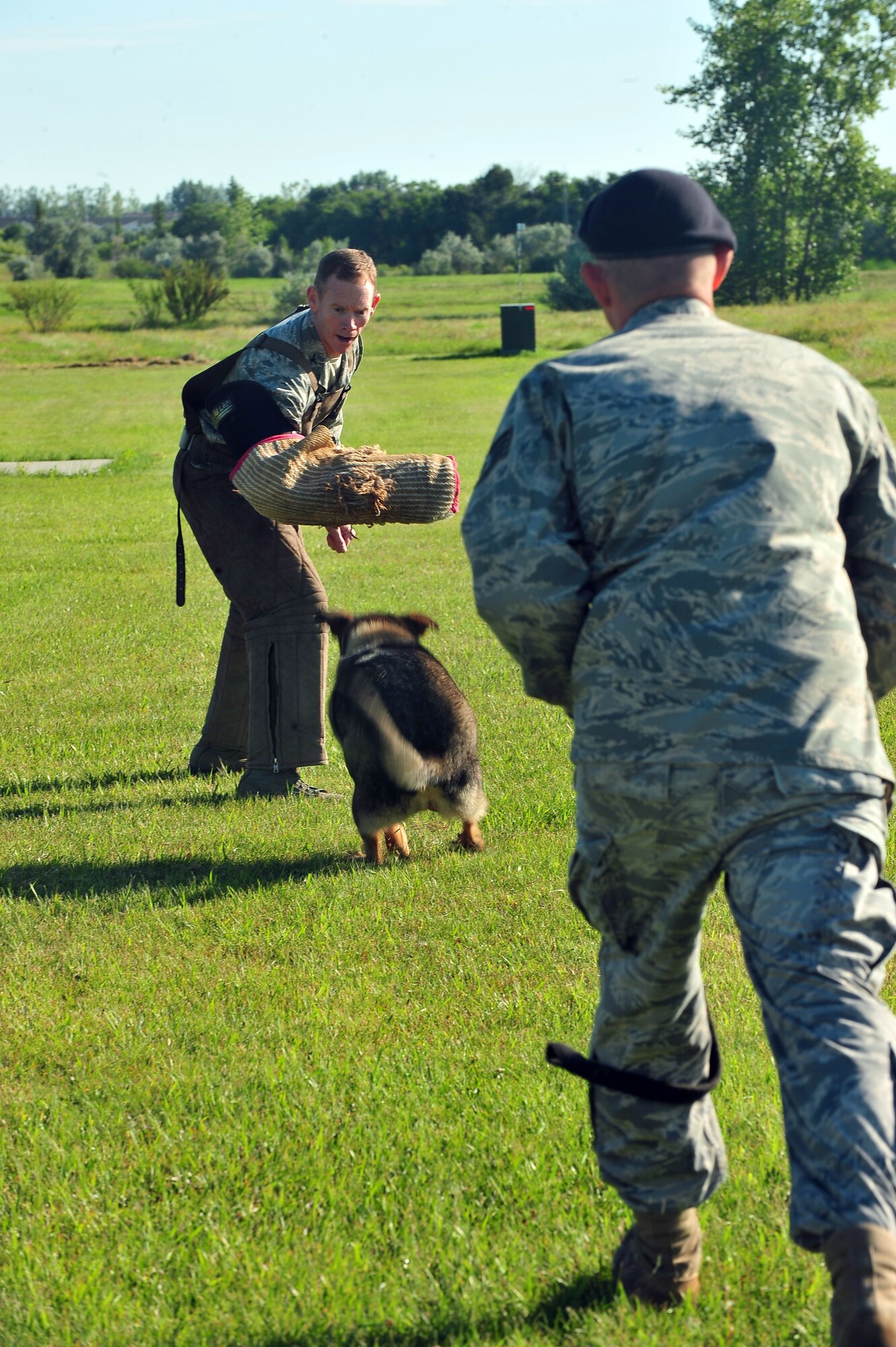 MINOT AIR FORCE BASE, N.D. – Col. James Dawkins, 5th Bomb Wing Commander, steps into the shoes of a military working dog handler by participating in aggression training and being attacked by Ketty, a MWD during a tour of the 5th Security Forces Squadron’s base operations here Aug. 9. The 5th SFS demonstrate the daily accomplishment of their primary mission to provide 24-hour law enforcement and security services for the 5th Bomb Wing and all tenant units assigned to Minot AFB. (U.S. Air Force/ Senior Airman Jesse Lopez)