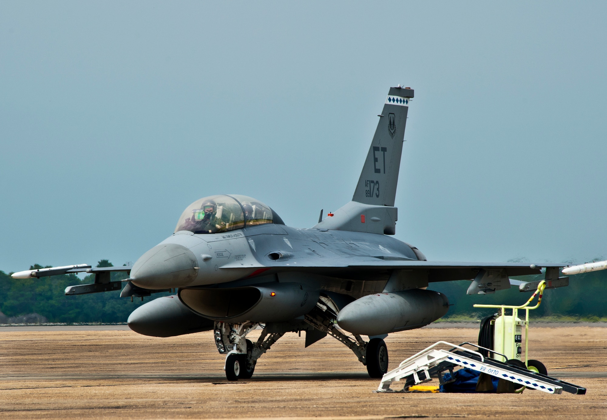 Maj. Gen. C.R. Davis, the Air Armament Center commander, arrives back safely  after his final flight at Eglin Air Force Base, Fla., Aug. 4.  Davis says farewell to AAC and Eglin at a change of command ceremony Aug. 19.  (U.S. Air Force photo/Samuel King Jr.)